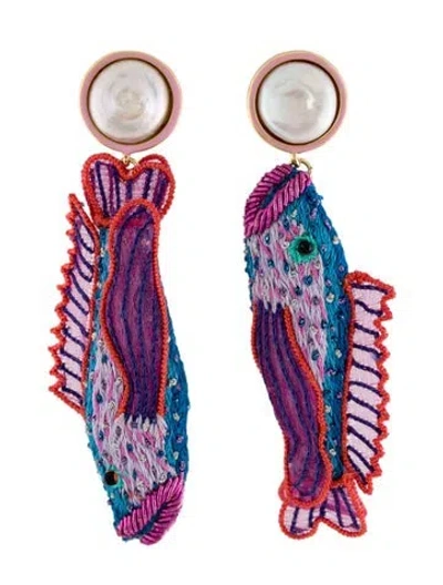 Pre-owned Mignonne Gavigan Pearl, Enamel, Bead & Thread Venezzia Fish Drop Earrings In Multi