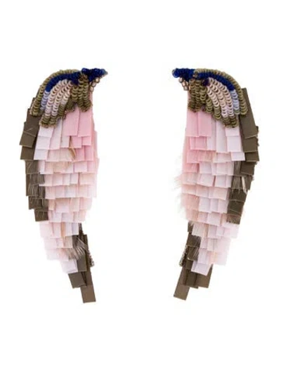 Pre-owned Mignonne Gavigan Sequins, Feather & Leather Bird Drop Earrings In Multi
