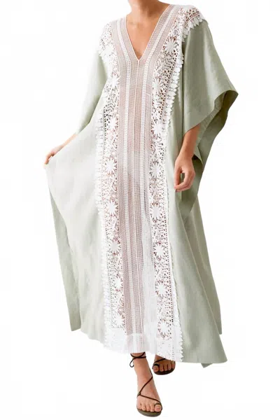 Miguelina Brea Flower Lace Trim Caftan Maxi Dress In Sage In Green