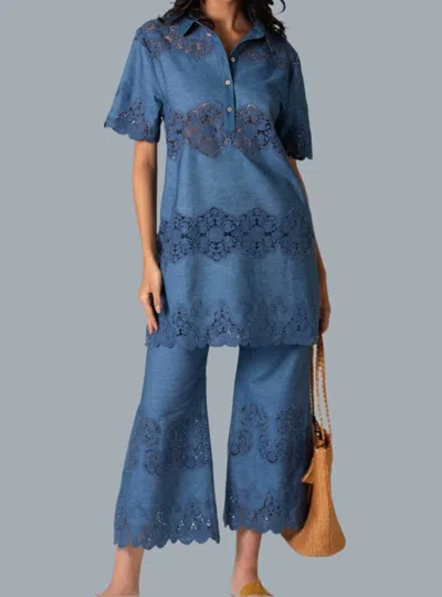 Miguelina Elle Embroidered Tunic Mini Dress In Indigo Denim In Blue