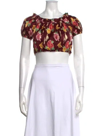 Pre-owned Miguelina Floral Print Off-the-shoulder Crop Top In Multicolor