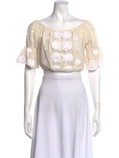 Pre-owned Miguelina Floral Print Off-the-shoulder Crop Top In Neutral