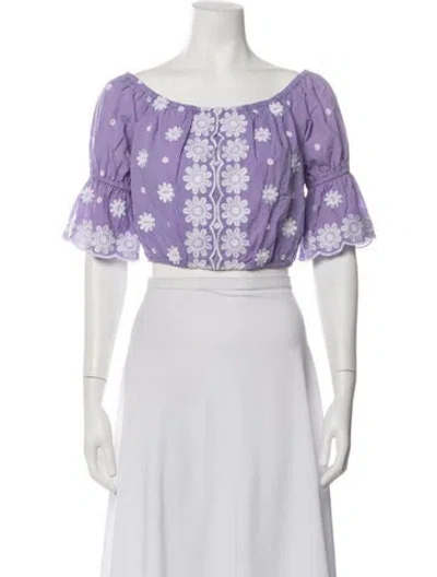 Pre-owned Miguelina Floral Print Off-the-shoulder Crop Top In Purple