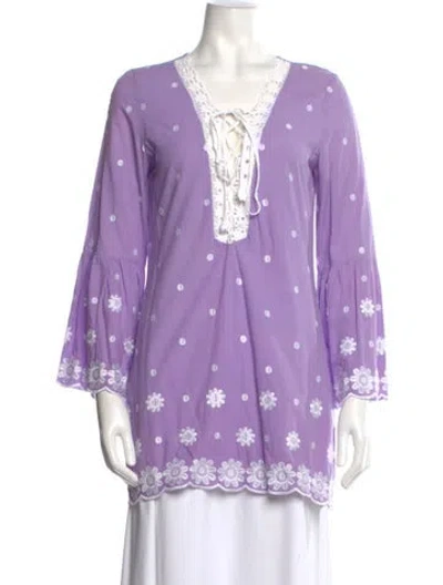 Pre-owned Miguelina Floral Print V-neck Blouse In Purple