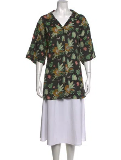 Pre-owned Miguelina Floral Print V-neck Button-up Top In Green