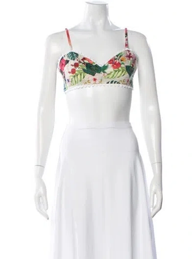 Pre-owned Miguelina Floral Print V-neck Crop Top In Green