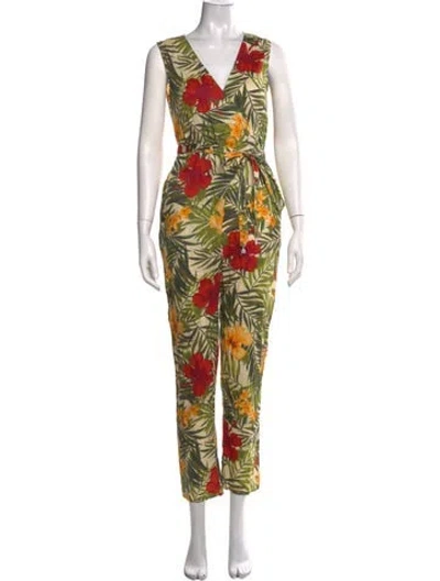 Pre-owned Miguelina Floral Print V-neck Jumpsuit In Green