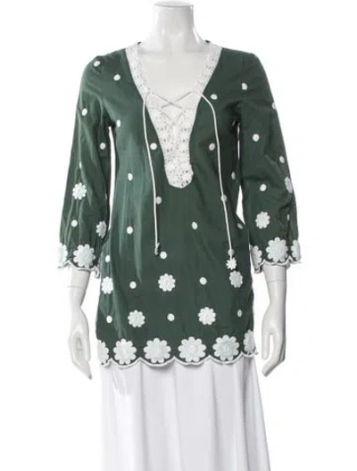 Pre-owned Miguelina Floral Print V-neck Tunic In Green