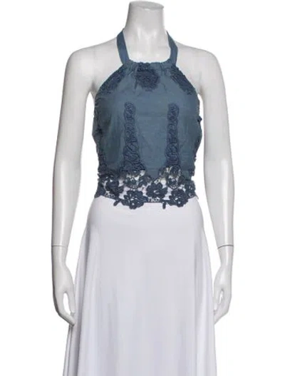 Pre-owned Miguelina Lace Pattern Halterneck Crop Top In Blue/white