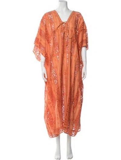 Pre-owned Miguelina Lace Pattern Long Dress In Orange