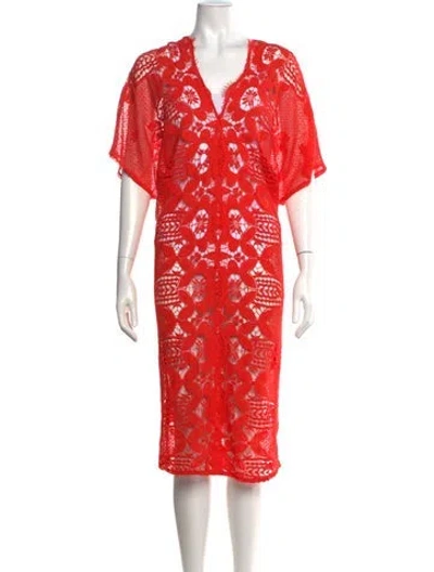 Pre-owned Miguelina Lace Pattern Midi Length Dress In Orange