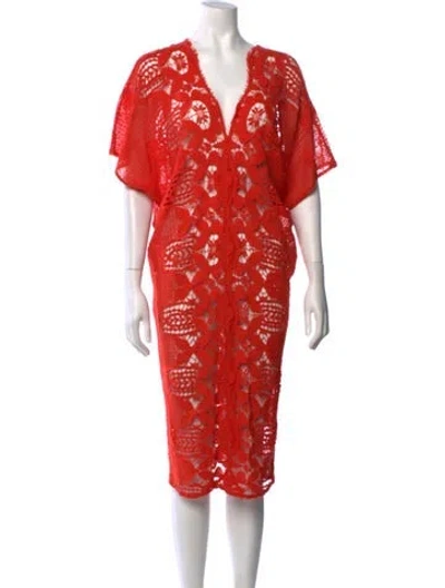 Pre-owned Miguelina Lace Pattern Midi Length Dress In Orange