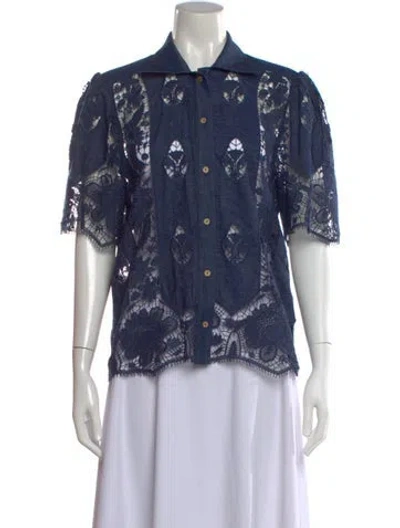 Pre-owned Miguelina Lace Pattern Short Sleeve Blouse In Blue