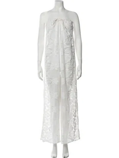 Pre-owned Miguelina Lace Pattern Strapless Jumpsuit In White