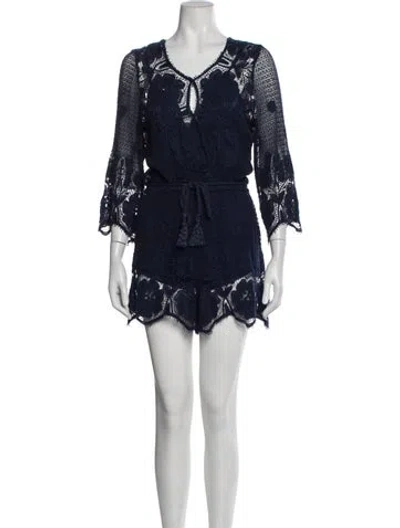 Pre-owned Miguelina Lace Pattern V-neck Romper In Blue
