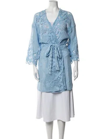 Pre-owned Miguelina Lace Pattern V-neck Sweater W/ Tags In Blue