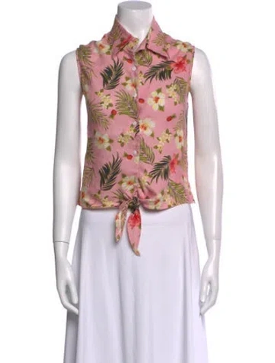 Pre-owned Miguelina Linen Floral Print Crop Top In Pink