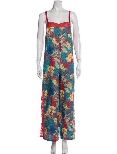 Pre-owned Miguelina Linen Floral Print Jumpsuit In Red