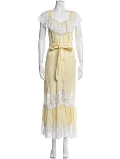 Pre-owned Miguelina Linen Long Dress In White/yellow