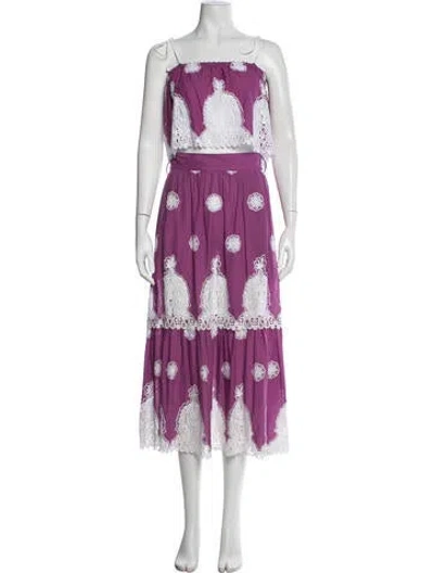 Pre-owned Miguelina Patterned Crochet Trim Skirt Suit In Purple