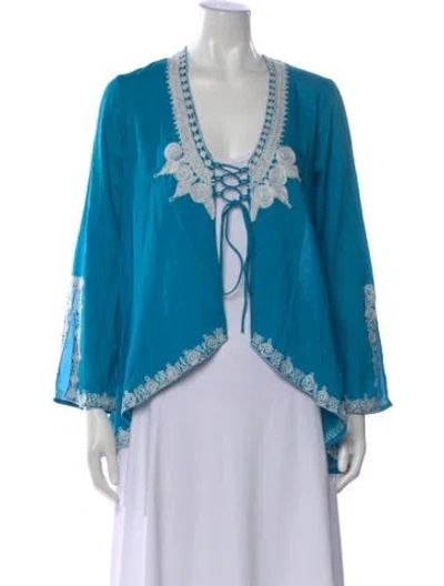 Pre-owned Miguelina Patterned V-neck Top In Blue