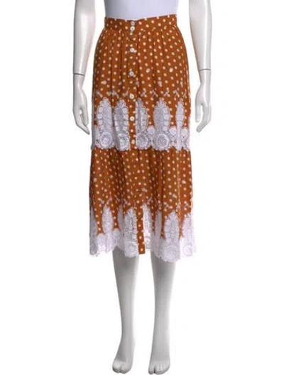 Pre-owned Miguelina Polka Dot Print Midi Length Skirt In Orange