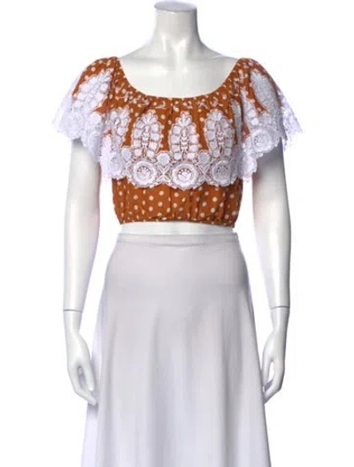 Pre-owned Miguelina Polka Dot Print Off-the-shoulder Crop Top In Brown