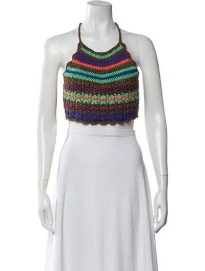 Pre-owned Miguelina Striped Halterneck Crop Top In Neutrals