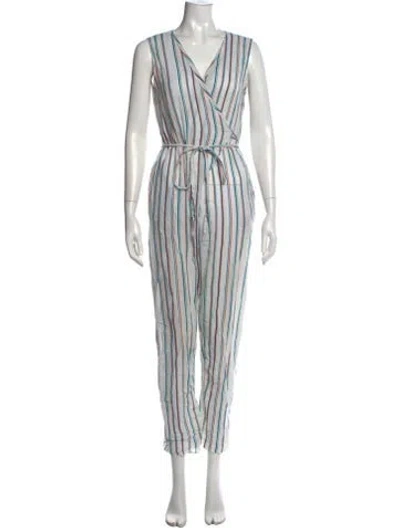 Pre-owned Miguelina Striped V-neck Jumpsuit In Neutrals