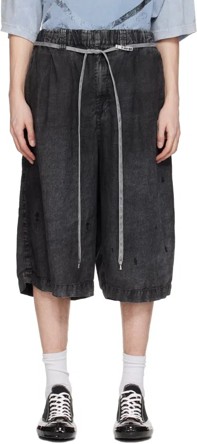 Miharayasuhiro Black Aged Linen Wide Shorts