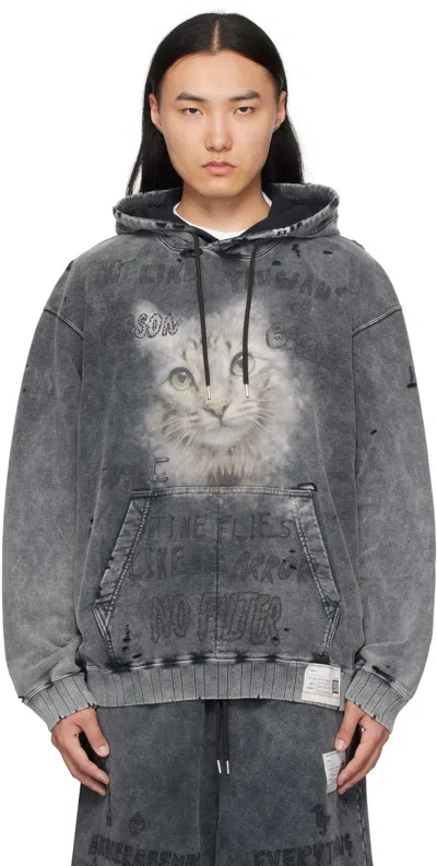 Miharayasuhiro Black Bleached Cat Print Hoodie