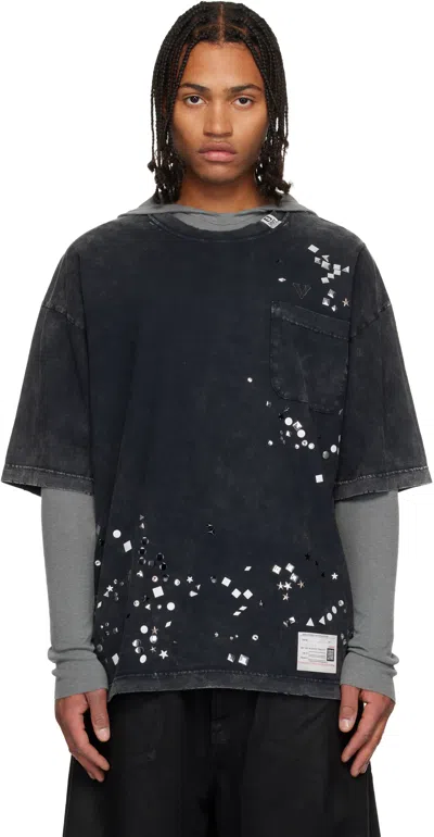Miharayasuhiro Black Embellished Bleached T-shirt In Blue