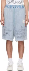 Miharayasuhiro Blue Bleached Graffiti Print Sweat Shorts