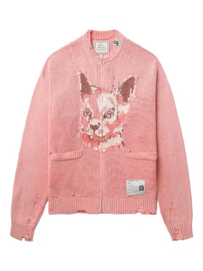 Miharayasuhiro Cat-face Distressed-knit Cardigan In Pink