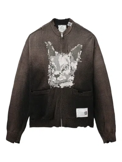 Miharayasuhiro Cat-face Distressed Zip-up Cardigan In Brown