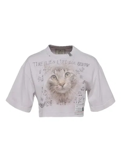 Miharayasuhiro Cat-print Cropped T-shirt In Gray