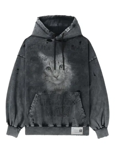 Miharayasuhiro Cat-print Distressed Hoodie In Blue