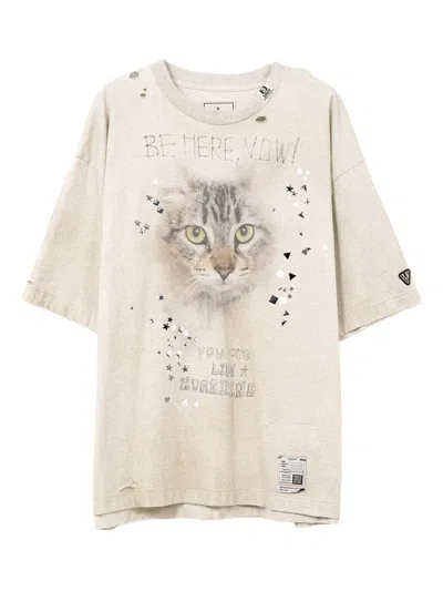 Miharayasuhiro Cat-print Distressed T-shirt In Brown