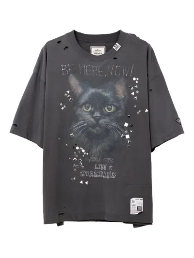 Miharayasuhiro Cat-print Distressed T-shirt In Gray