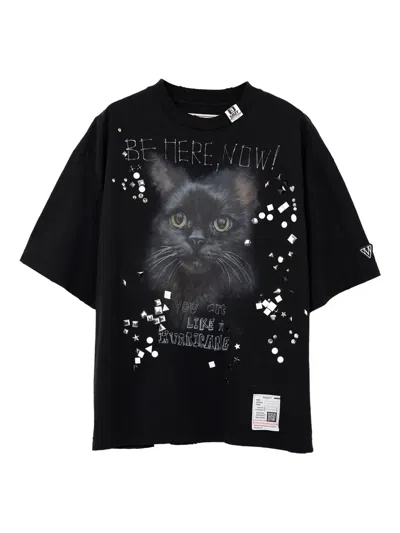 Miharayasuhiro Cat-print Embellished T-shirt In Black