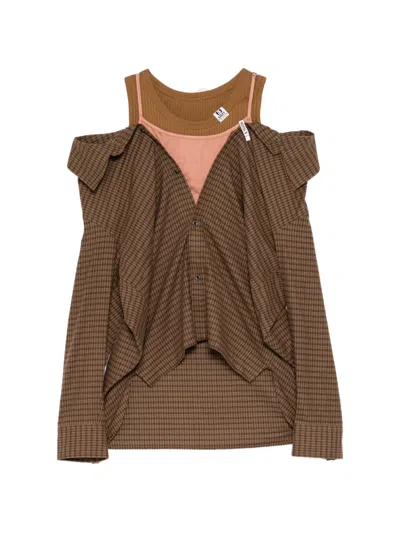 Miharayasuhiro Checked Cold-shoulder Shirt In Brown