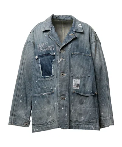 Miharayasuhiro Chore Stripe-pattern Paint-splatter Denim Jacket In Blue