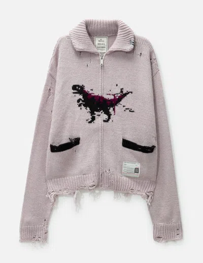 Miharayasuhiro Dinosaur-intarsia Distressed Cardigan In Pink