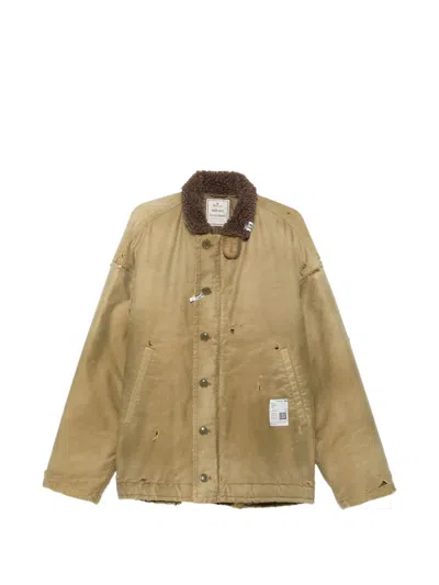 Miharayasuhiro Distressed Faux-shearling-collar Jacket In Neutral