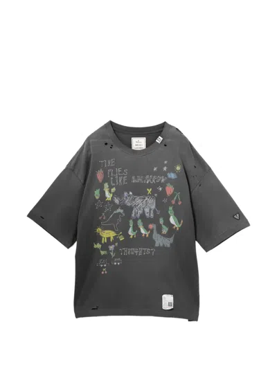 Miharayasuhiro Distressed Graphic T-shirt In Gray