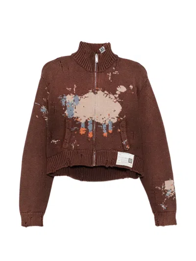 Miharayasuhiro Distressed Intarsia-knit Cardigan In Brown