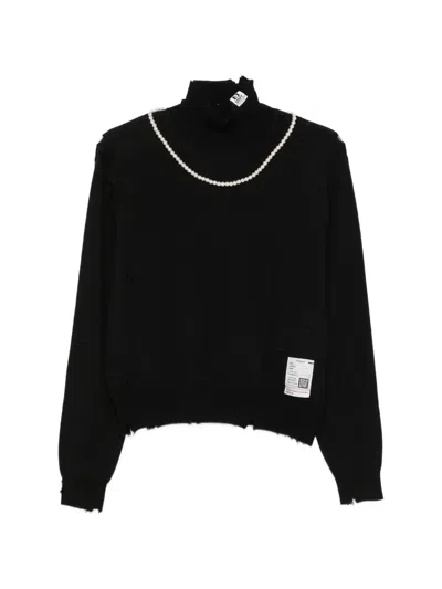 Miharayasuhiro Distressed Pearl-embellished Sweater In Black