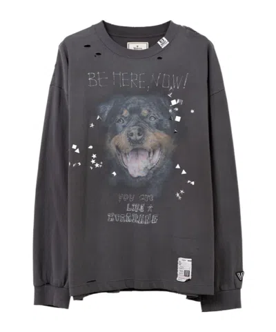 Miharayasuhiro Dog Print Embellished Ripped Long-sleeved T-shirt In Gray