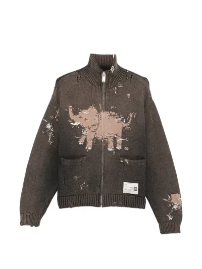 Miharayasuhiro Elephant Jacquard Knit Cardigan In Brown