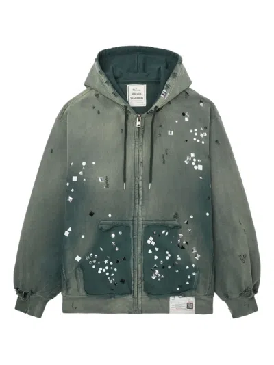 Miharayasuhiro Embellished Distressed Zip-up Hoodie In Green